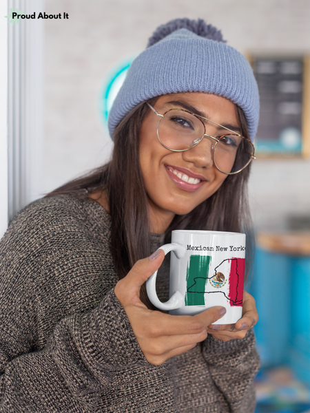 woman holding a Mexican New Yorker Ceramic Mug – Mexican Pride, New York Style