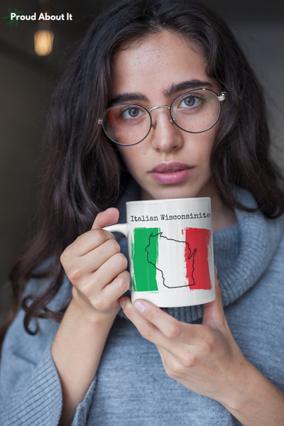 woman drinking from an Italian Wisconsinite Ceramic Mug | Italian Heritage, Wisconsin Pride