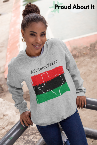 woman wearing a sport grey African Texan Unisex Sweatshirt - Africa Ancestry, Texas Pride 