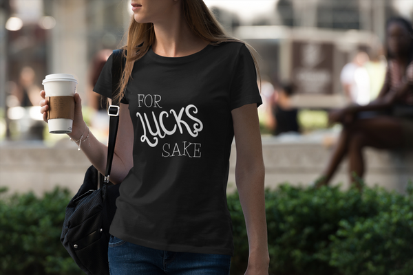 woman with coffee wearing a black For Lucks Sake Unisex T-Shirt