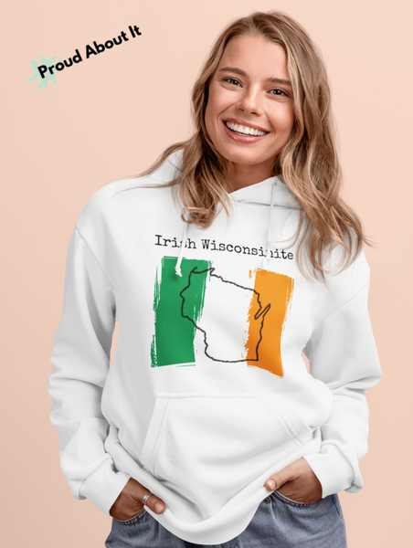 woman wearing oversized white Irish Wisconsinite Unisex Hoodie – Irish Pride, Wisconsin Pride