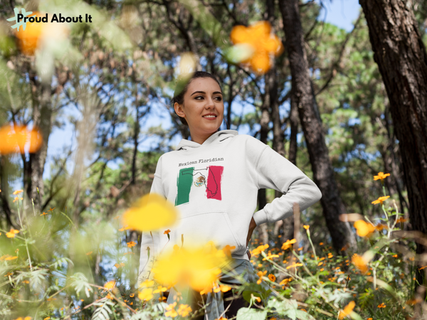 woman wearing a white Mexican Floridian Unisex Hoodie | Mexican Pride, Florida Pride