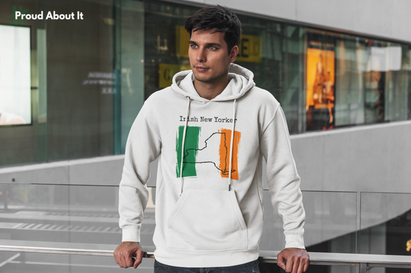 man wearing white Irish New Yorker Unisex Hoodie | Irish Pride, New York Style