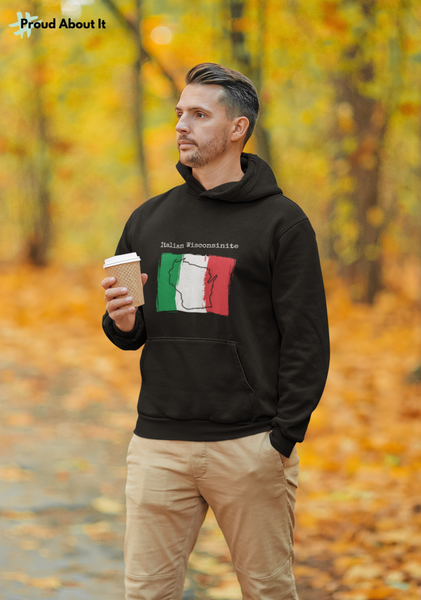 man in park drinking coffee wearing a black Italian Wisconsinite Unisex Hoodie | Italian Heritage, Wisconsin Pride