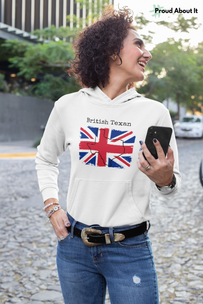 woman wearing a white British Texan Unisex Hoodie | British Ancestry, Texas Pride