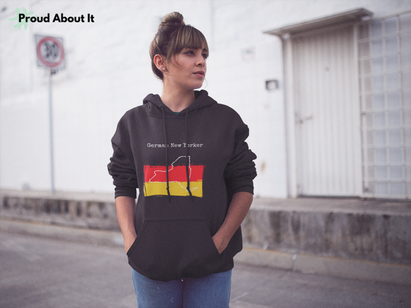 woman wearing a dark heather grey German New Yorker Unisex Hoodie - German Ancestry, New York Style