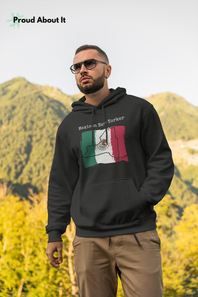 man wearing a black Mexican New Yorker Unisex Hoodie – Mexican Pride, New York Style