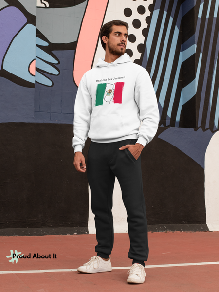 man wearing a white Mexican New Jerseyan Unisex Hoodie | Mexican Pride, New Jersey Pride