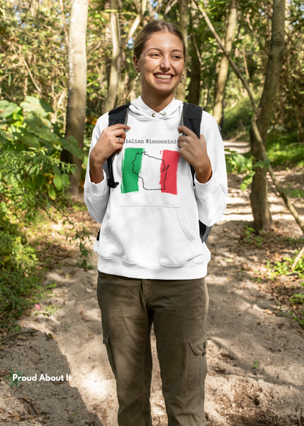 woman hiking wearing a white Italian Wisconsinite Unisex Hoodie | Italian Heritage, Wisconsin Pride