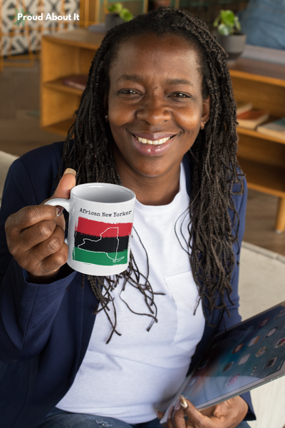 woman drinking from an African New Yorker Ceramic Mug 