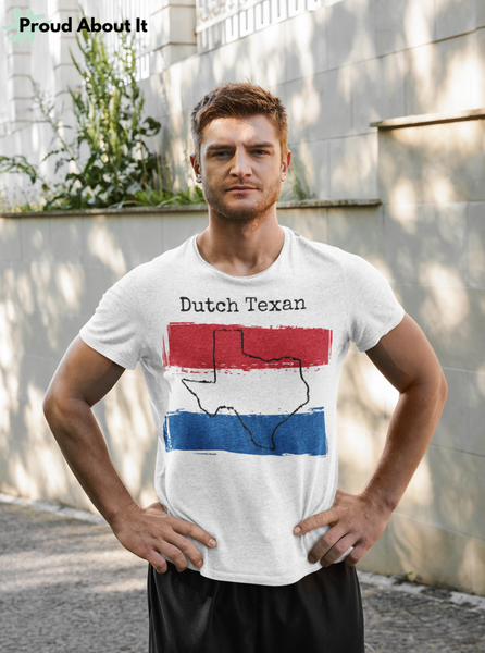 man wearing a white Dutch Texan Unisex T-Shirt – Dutch Heritage, Texas Pride