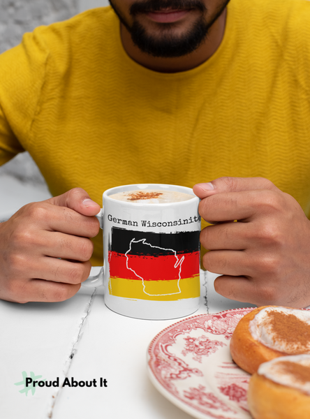 man drinking from a German Wisconsinite Ceramic Mug - German Ancestry, Wisconsin Pride