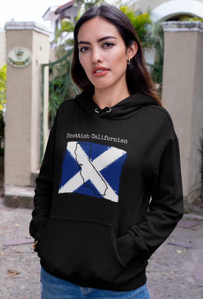 woman wearing a black Scottish Californian Unisex Hoodie | Scottish Heritage, California Style