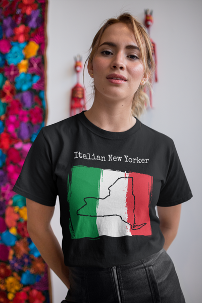 woman wearing a black Italian New Yorker Unisex T-Shirt - Italian Heritage, New York Style