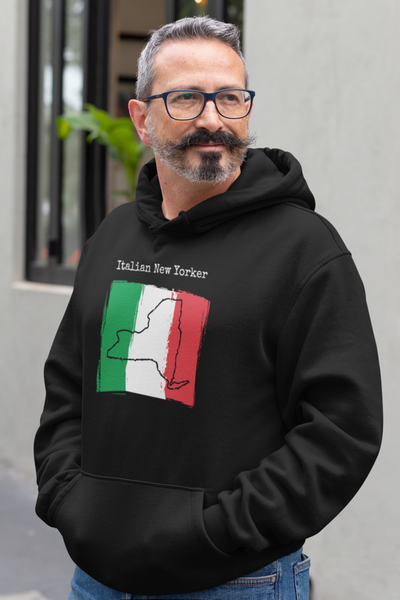 man wearing a black Italian New Yorker Unisex Hoodie - Italian Heritage, New York Style