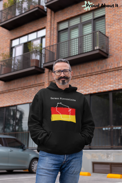 man wearing a black German Wisconsinite Unisex Hoodie | German Heritage, Wisconsin Pride