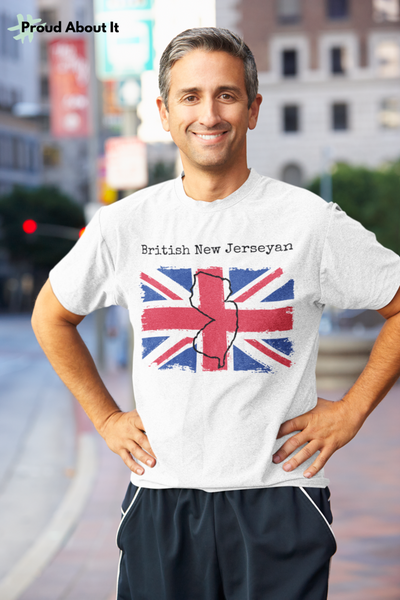man wearing a white British New Jerseyan Unisex T-Shirt - British Ancestry, New Jersey Pride
