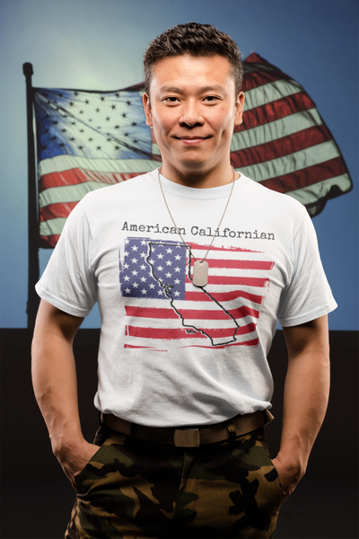 man wearing white American Californian Unisex T-Shirt - American Pride, California Style