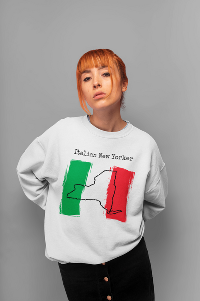 woman wearing a white Italian New Yorker Unisex Sweatshirt - Italy Heritage, New York Style