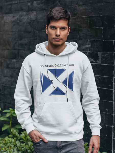 man wearing a white Scottish Californian Unisex Hoodie | Scottish Heritage, California Style