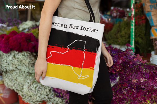 woman in flower shop carrying a German New Yorker Tote - German Ancestry, New York Style