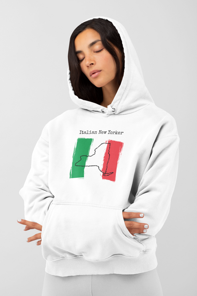 woman wearing a white Italian New Yorker Unisex Hoodie - Italian Heritage, New York Style