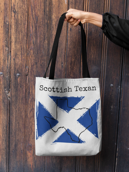 woman holding out a Scottish Texan Tote | Scottish Heritage, Texas Pride