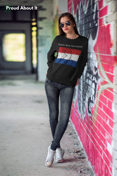 woman wearing a black Dutch New Jerseyan Unisex Sweatshirt - Dutch Culture, New Jersey Pride