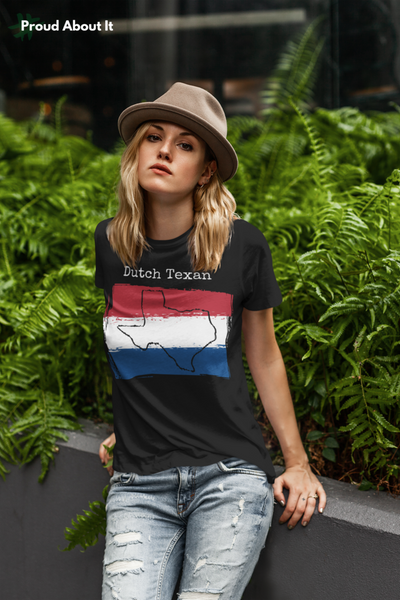 woman wearing a black Dutch Texan Unisex T-Shirt – Dutch Heritage, Texas Pride