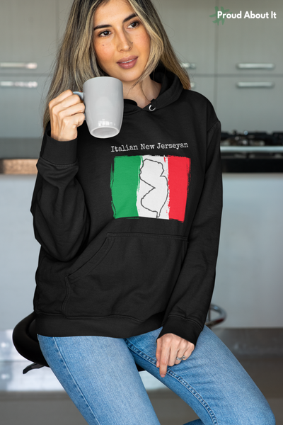 woman wearing black Italian New Jerseyan Unisex Hoodie | Italian Heritage, New Jersey Pride