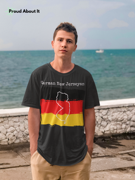man at the beach wearing a dark heather grey German New Jerseyan Unisex T-Shirt – German Ancestry, New Jersey Pride