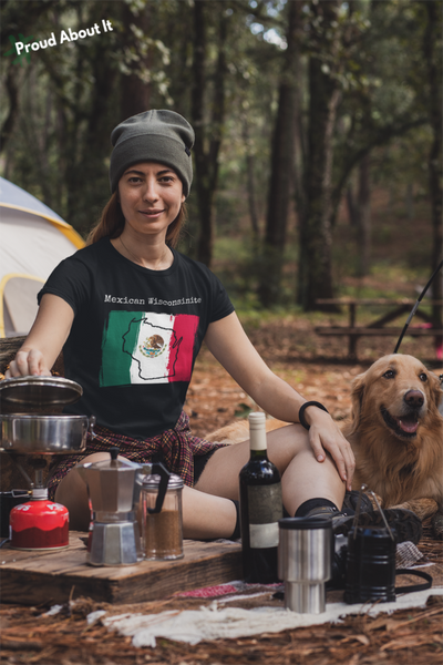 woman camping with dog wearing a black Mexican Wisconsinite Unisex T-Shirt – Mexican Pride, Wisconsin Pride
