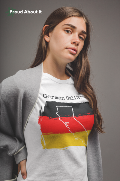 woman wearing a white German Californian Unisex T-Shirt - German Ancestry, California Style