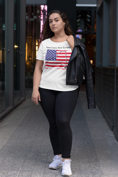 woman wearing white American New Yorker Unisex T-Shirt – American Pride, New York Style