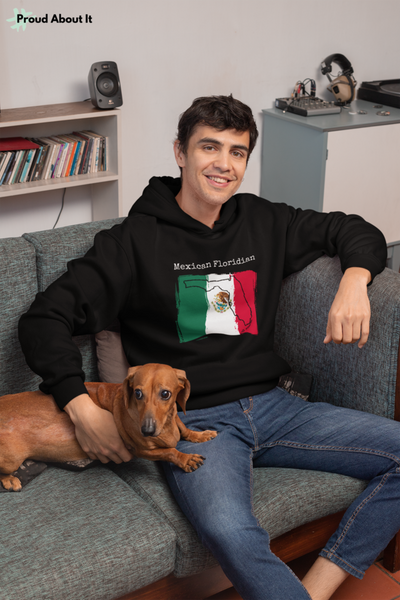 man with his dog wearing a black Mexican Floridian Unisex Hoodie | Mexican Pride, Florida Pride