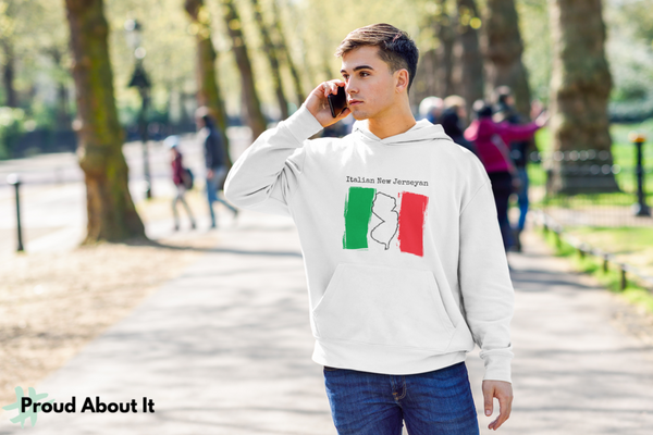 man in park wearing white Italian New Jerseyan Unisex Hoodie | Italian Heritage, New Jersey Pride