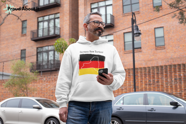 man wearing a white German New Yorker Unisex Hoodie - German Ancestry, New York Style