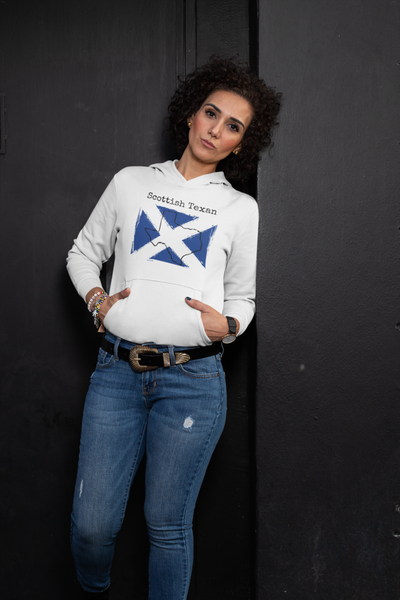 woman wearing white Scottish Texan Unisex Hoodie | Scottish Heritage, Texas Pride