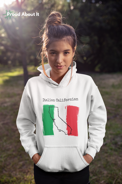 woman wearing a white Italian Californian Unisex Hoodie - Italian Heritage, California Style