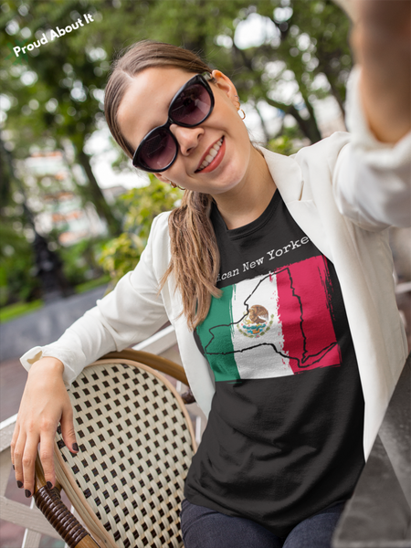 woman taking a selfie wearing a white Mexican New Yorker Unisex T-Shirt – Mexican Pride, New York Style