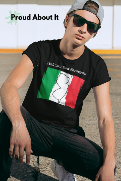young man wearing a black Italian New Jerseyan Unisex T-Shirt - Italy Heritage, New Jersey Pride