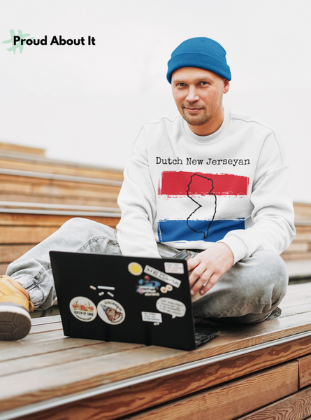 man on laptop wearing a white Dutch New Jerseyan Unisex Sweatshirt - Dutch Culture, New Jersey Pride