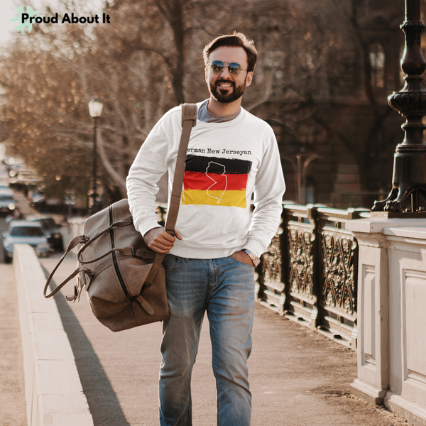 man wearing a white German New Jerseyan Unisex Sweatshirt - German Ancestry, New Jersey Pride