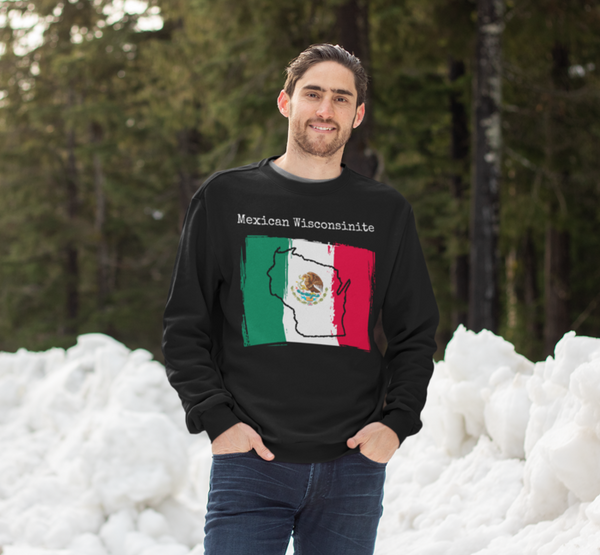 man in the snow wearing a black Mexican Wisconsinite Unisex Sweatshirt - Mexican Pride, Wisconsin Pride