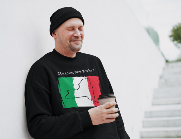 man laughing wearing a black Italian New Yorker Unisex Sweatshirt - Italy Heritage, New York Style