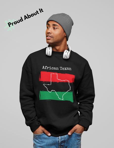 man wearing a black African Texan Unisex Sweatshirt - Africa Ancestry, Texas Pride 