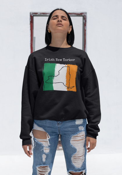 woman wearing white Irish New Yorker Unisex Sweatshirt | Irish Pride, New York Style
