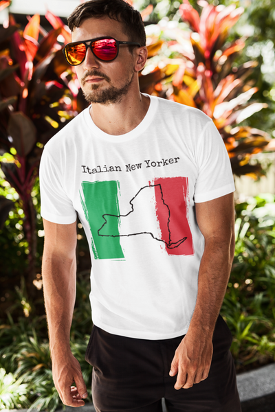 man wearing a white Italian New Yorker Unisex T-Shirt - Italian Heritage, New York Style