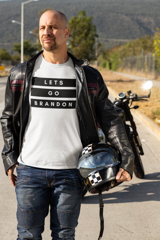 motorcycle man wearing a white Lets Go Brandon Unisex T-Shirt Block