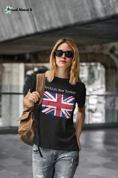 woman wearing a black British New Yorker Unisex T-Shirt - British Ancestry, New York Style
